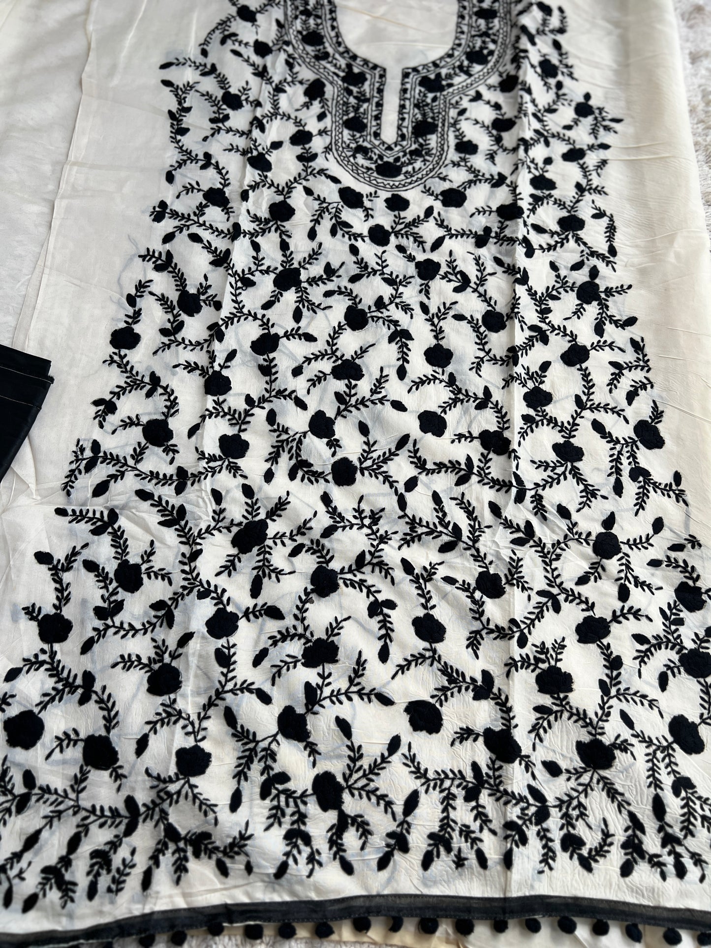Ivory Black Mal Chanderi Hand Embroidered Suit Set