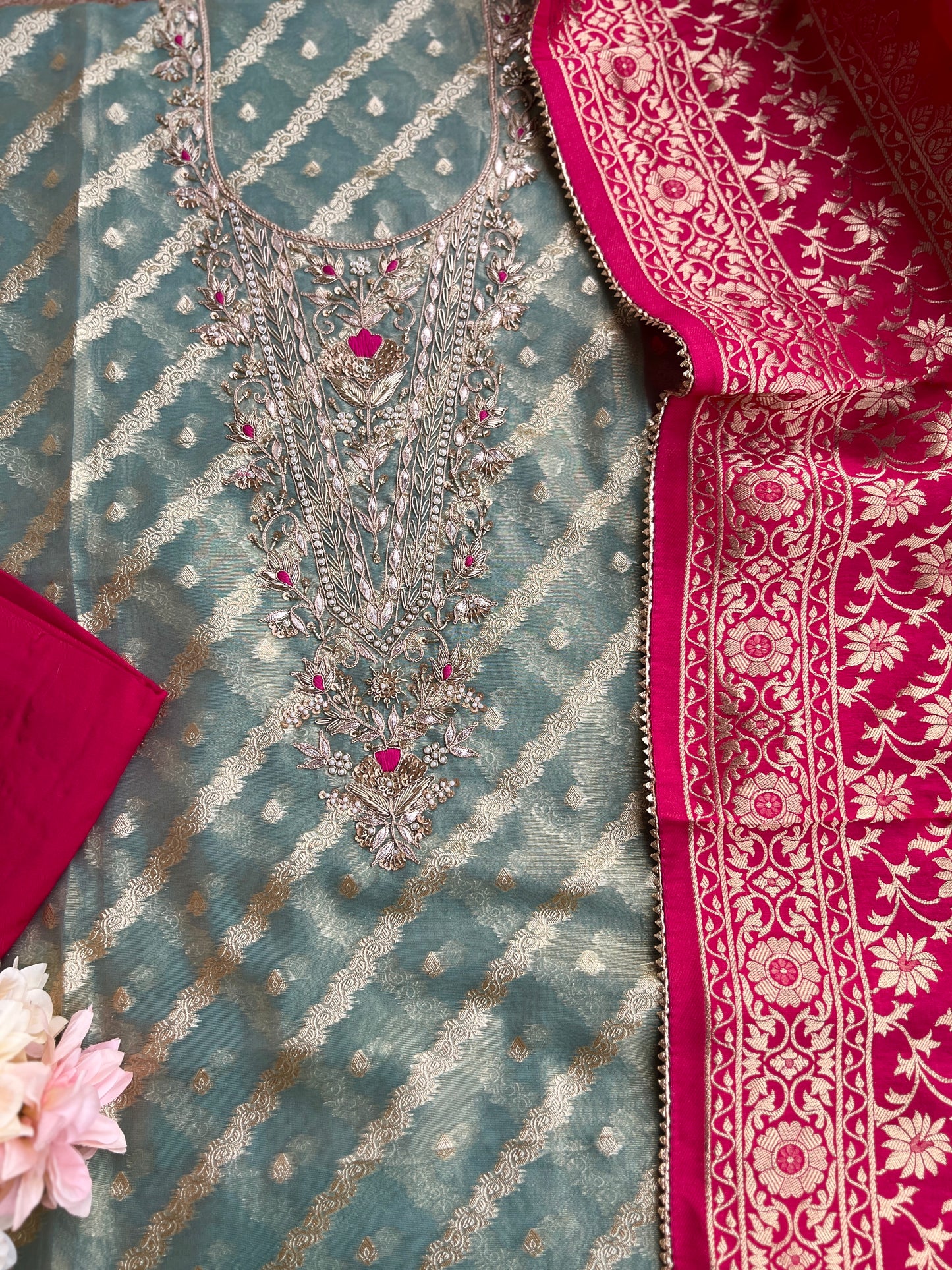 Teal Chanderi Silk Suit with Zari Weave, Hand Embroidery & Rani Banarasi Dupatta