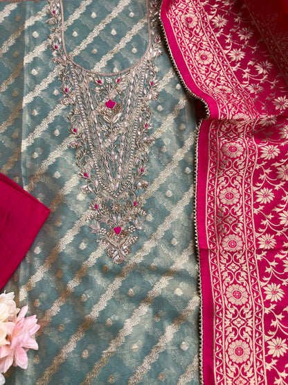 Teal Chanderi Silk Suit with Zari Weave, Hand Embroidery & Rani Banarasi Dupatta