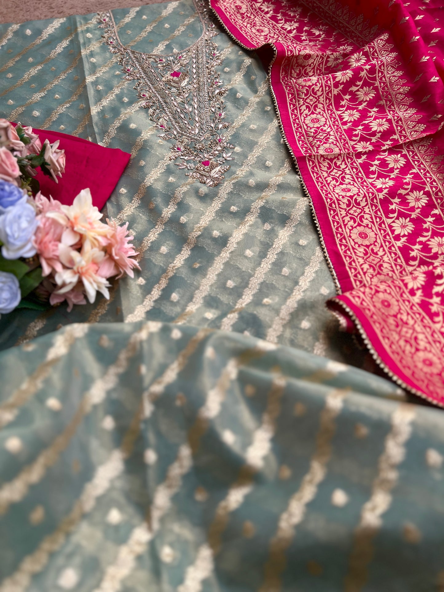 Teal Chanderi Silk Suit with Zari Weave, Hand Embroidery & Rani Banarasi Dupatta