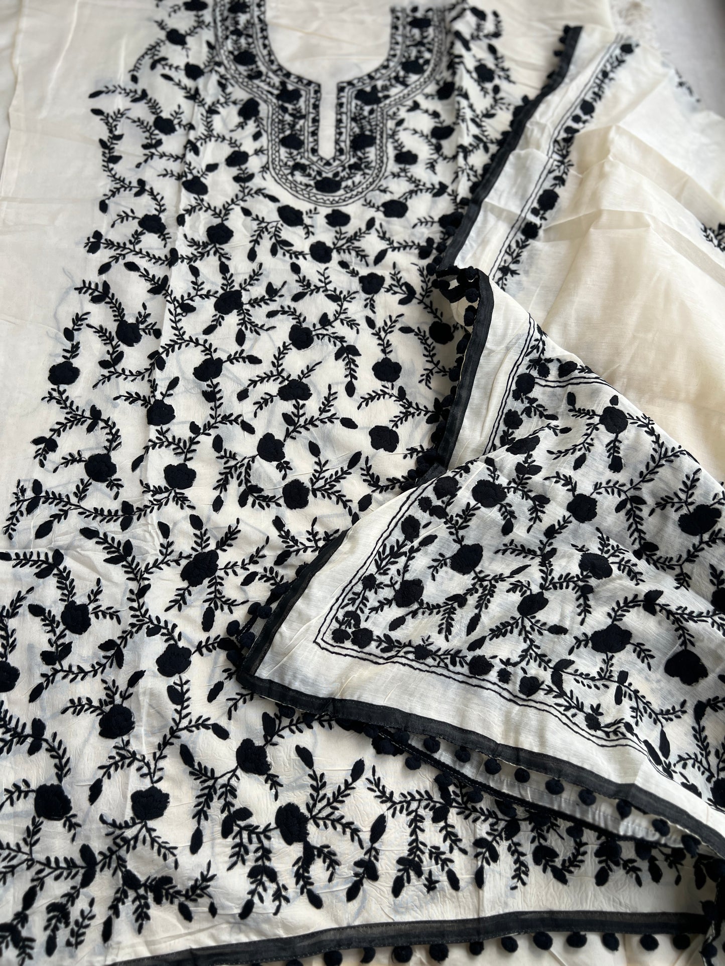 Ivory Black Mal Chanderi Hand Embroidered Suit Set