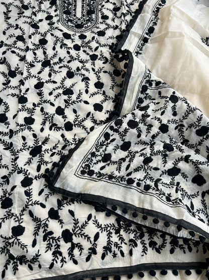Ivory Black Mal Chanderi Hand Embroidered Suit Set