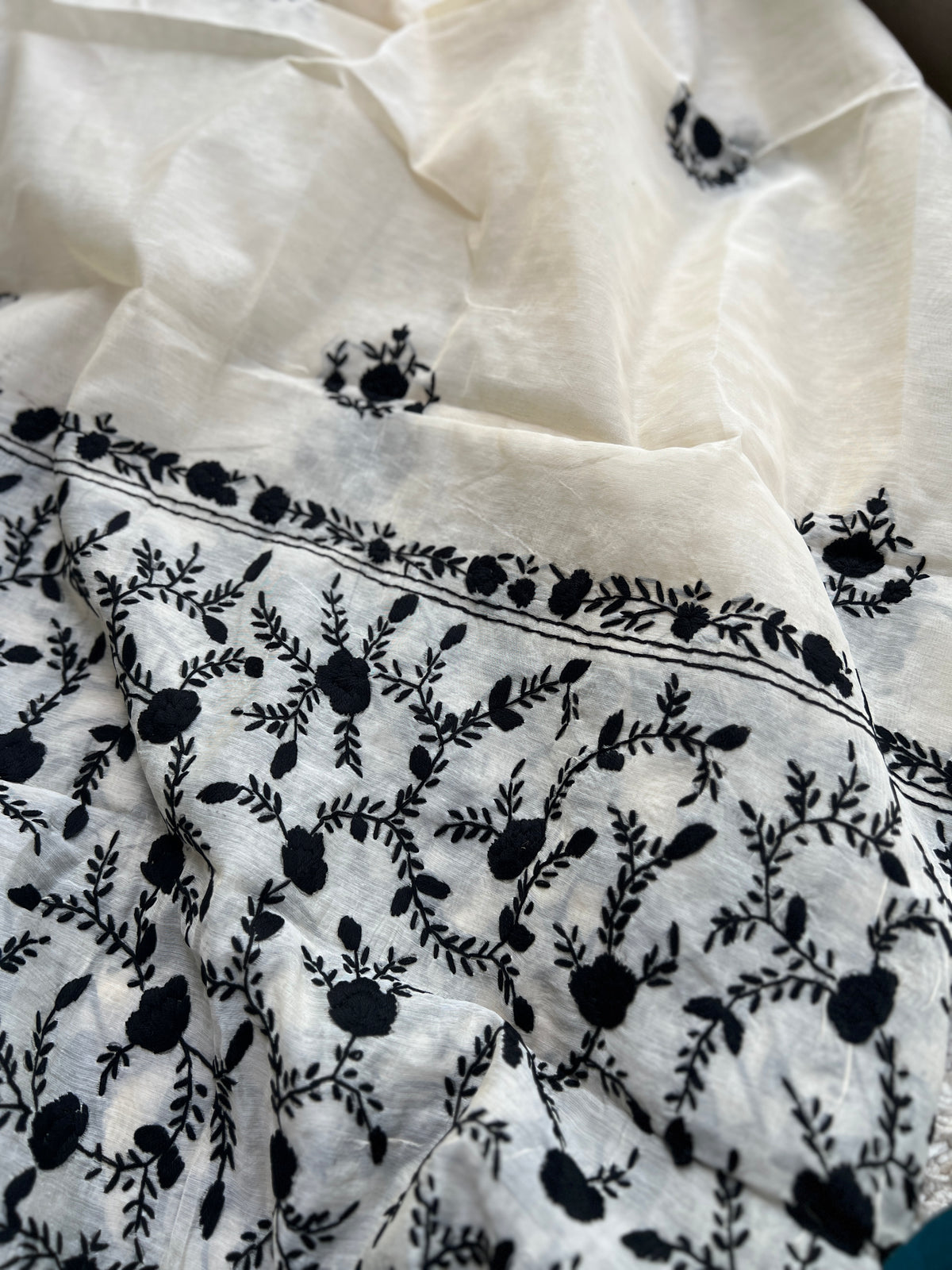 Ivory Black Mal Chanderi Hand Embroidered Suit Set