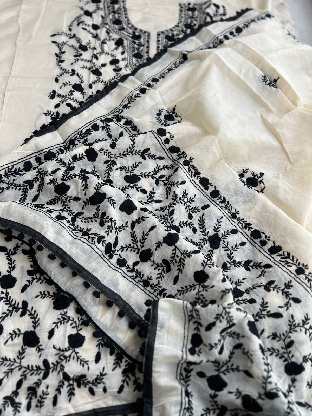 Ivory Black Mal Chanderi Hand Embroidered Suit Set