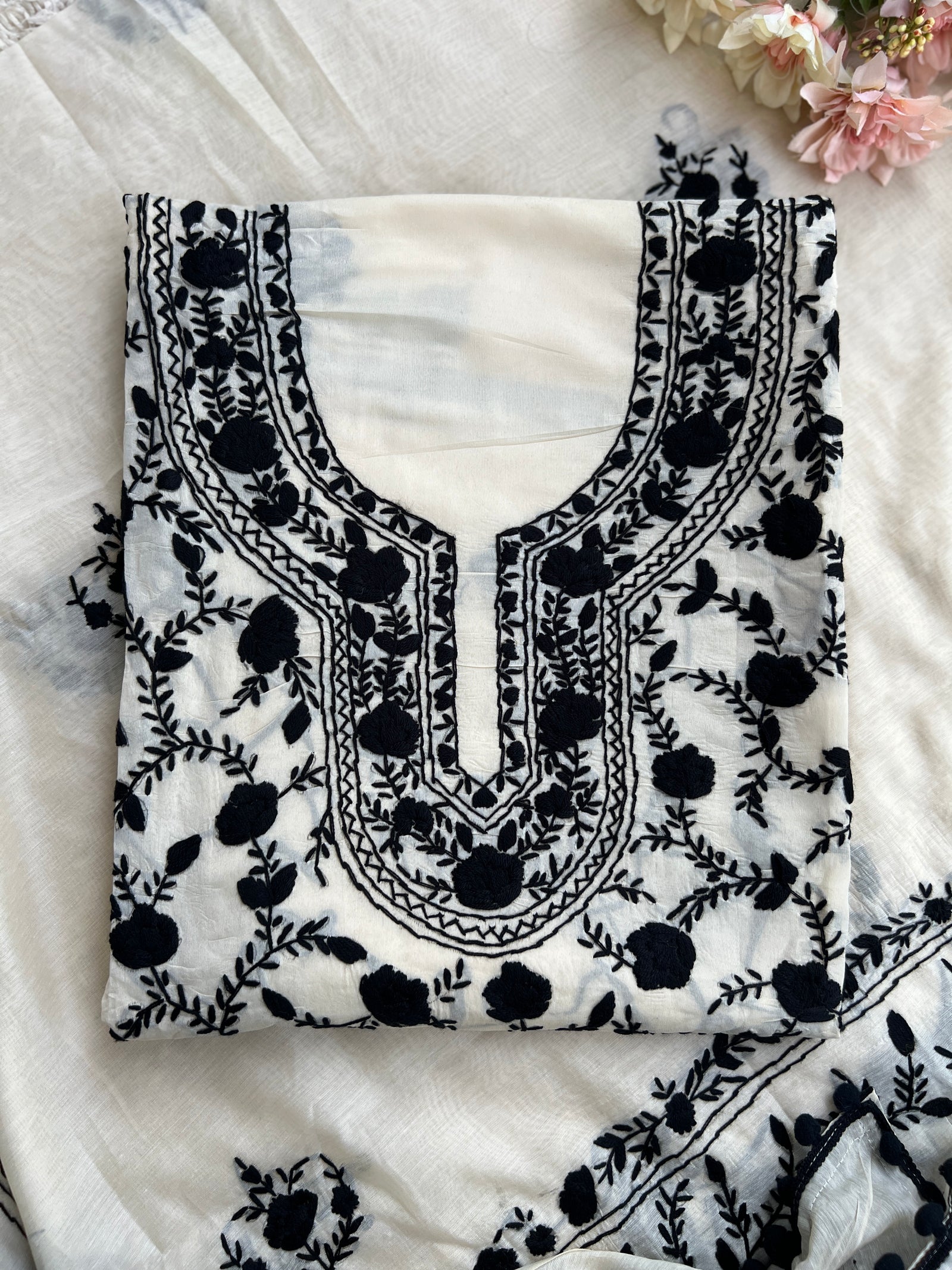 Ivory Black Mal Chanderi Hand Embroidered Suit Set
