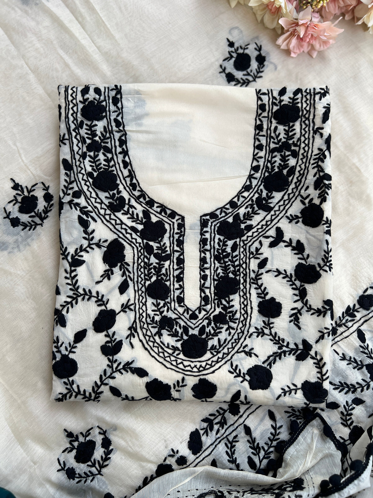 Ivory Black Mal Chanderi Hand Embroidered Suit Set