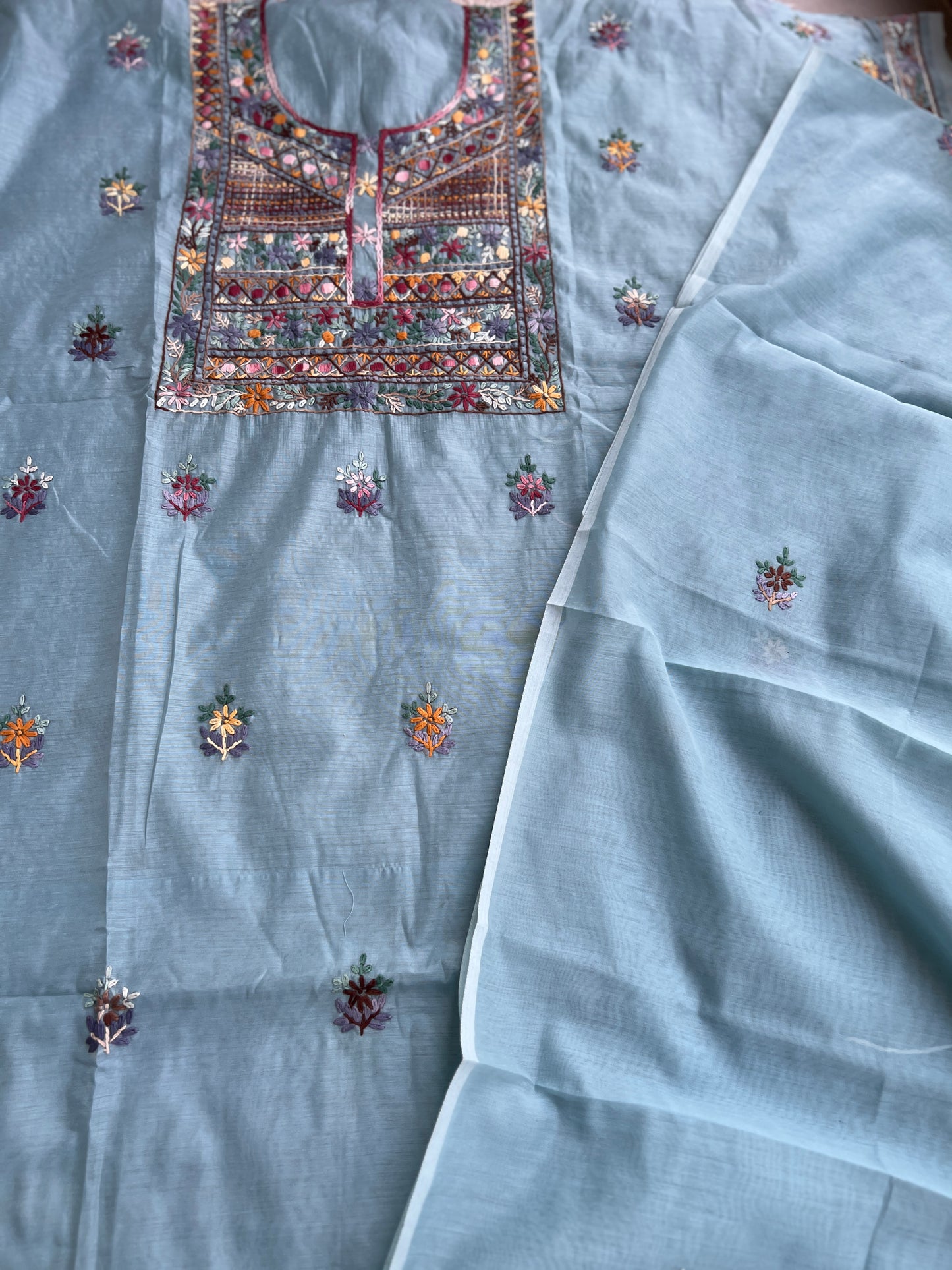 Powder Blue Mal  Multicolour Hand Embroidered Suit Set