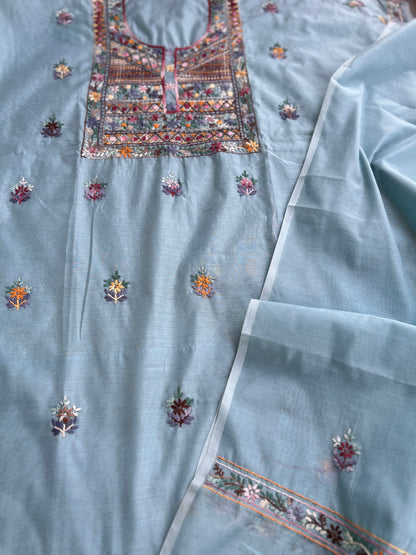 Powder Blue Mal  Multicolour Hand Embroidered Suit Set