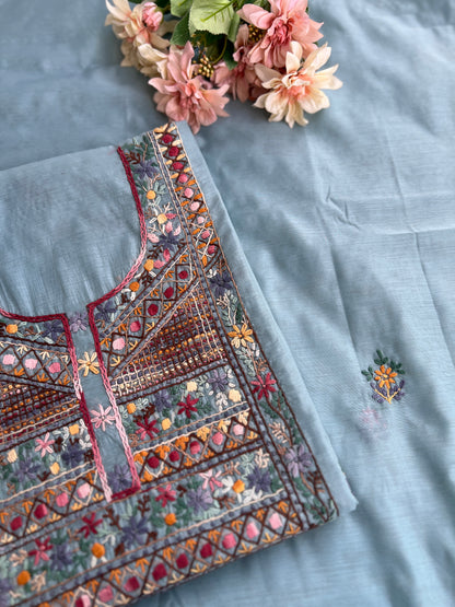 Powder Blue Mal  Multicolour Hand Embroidered Suit Set