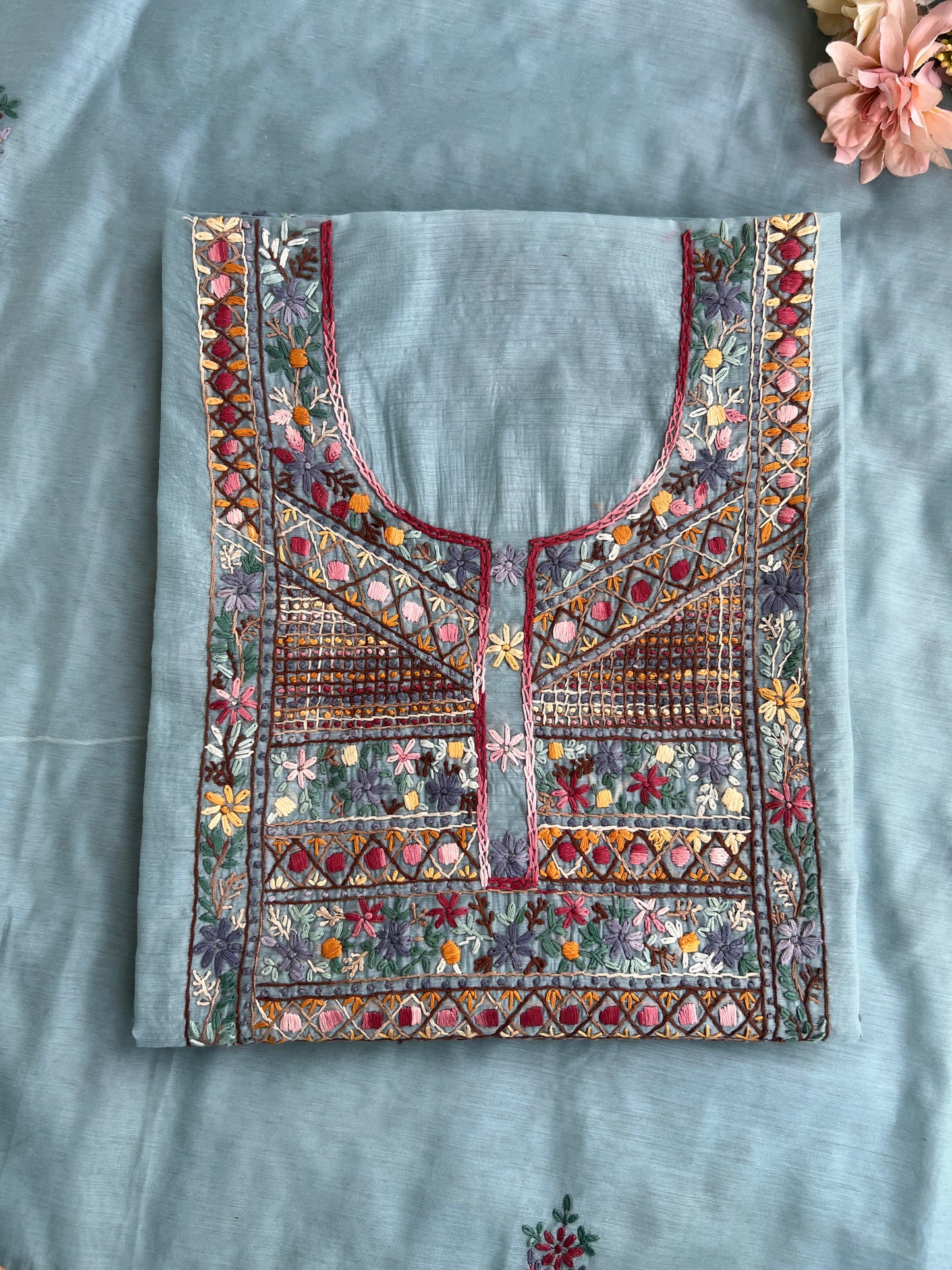 Powder Blue Mal  Multicolour Hand Embroidered Suit Set
