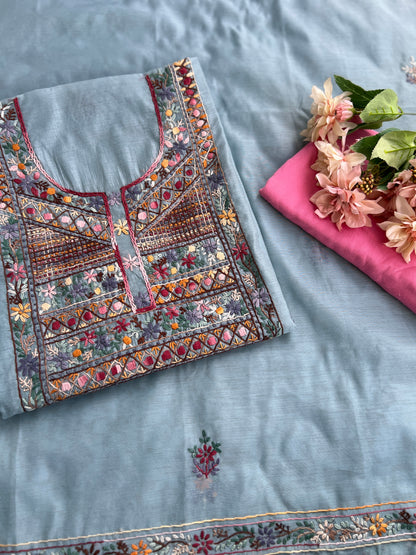 Powder Blue Mal  Multicolour Hand Embroidered Suit Set
