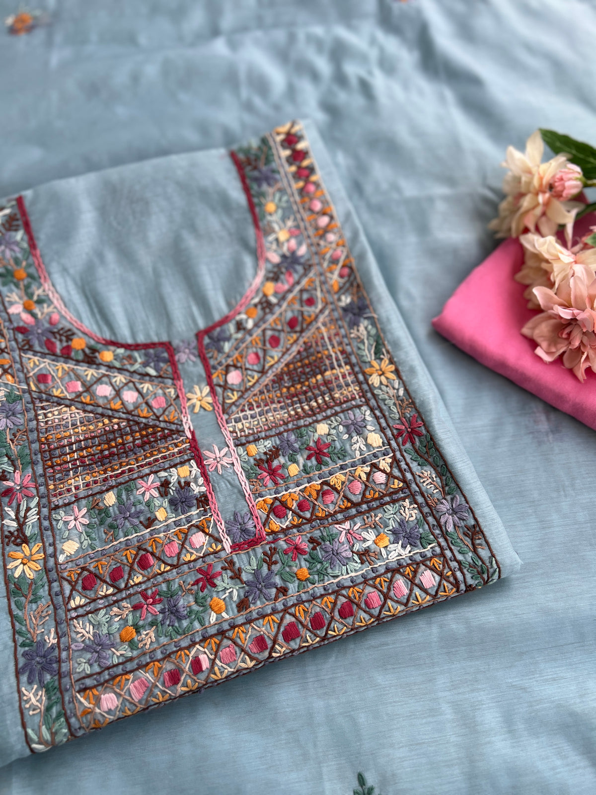Powder Blue Mal  Multicolour Hand Embroidered Suit Set
