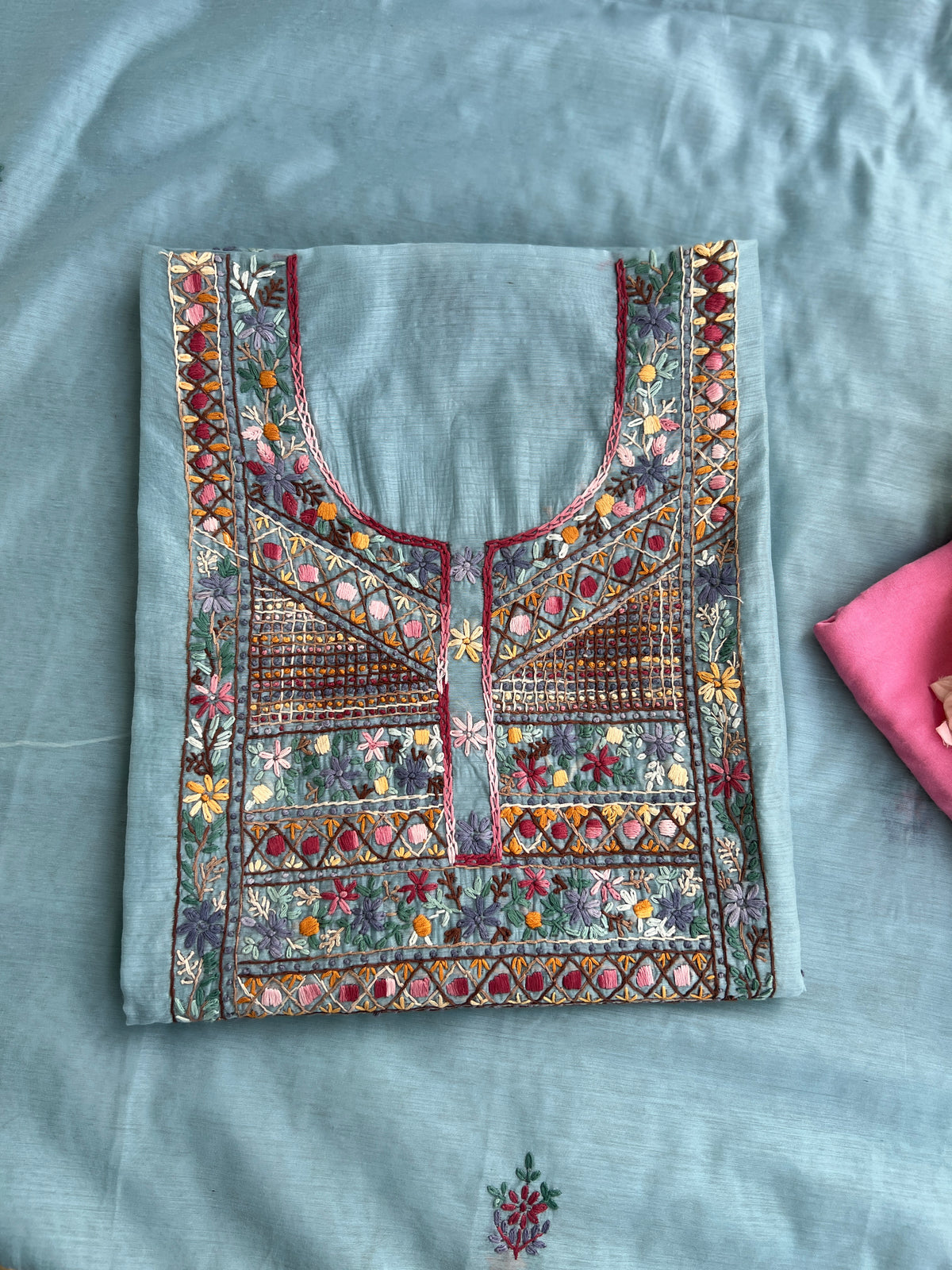 Powder Blue Mal  Multicolour Hand Embroidered Suit Set