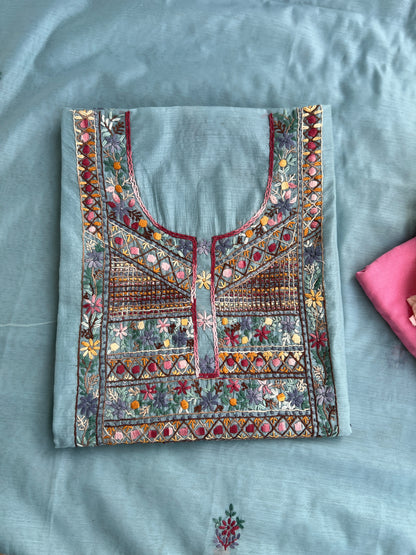 Powder Blue Mal  Multicolour Hand Embroidered Suit Set