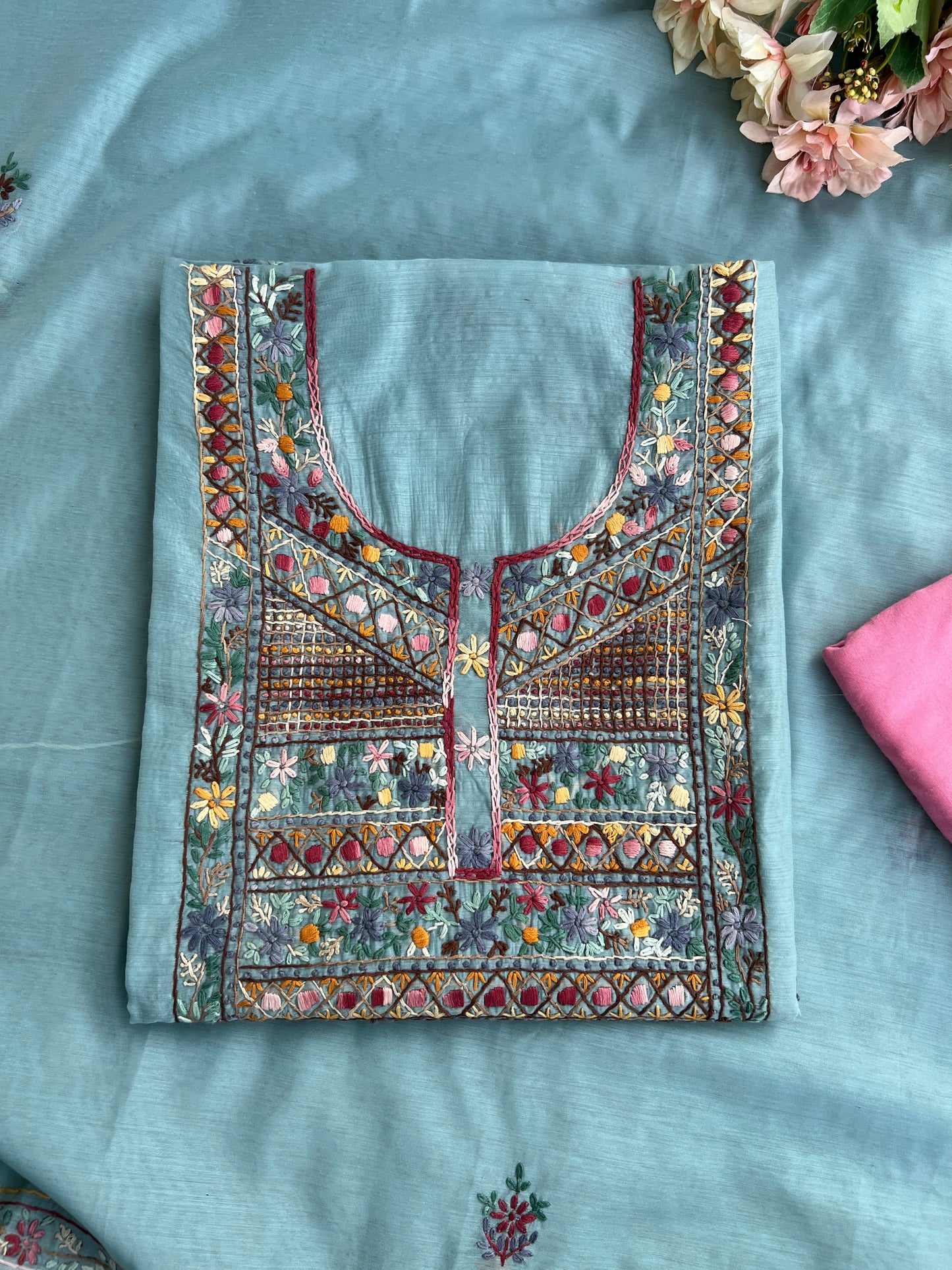 Powder Blue Mal  Multicolour Hand Embroidered Suit Set