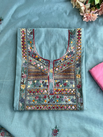 Powder Blue Mal  Multicolour Hand Embroidered Suit Set