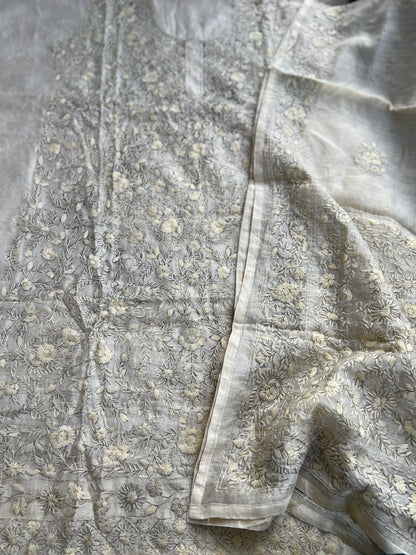Ivory Tone To Tone  Mal Chanderi Embroidered Suit Set
