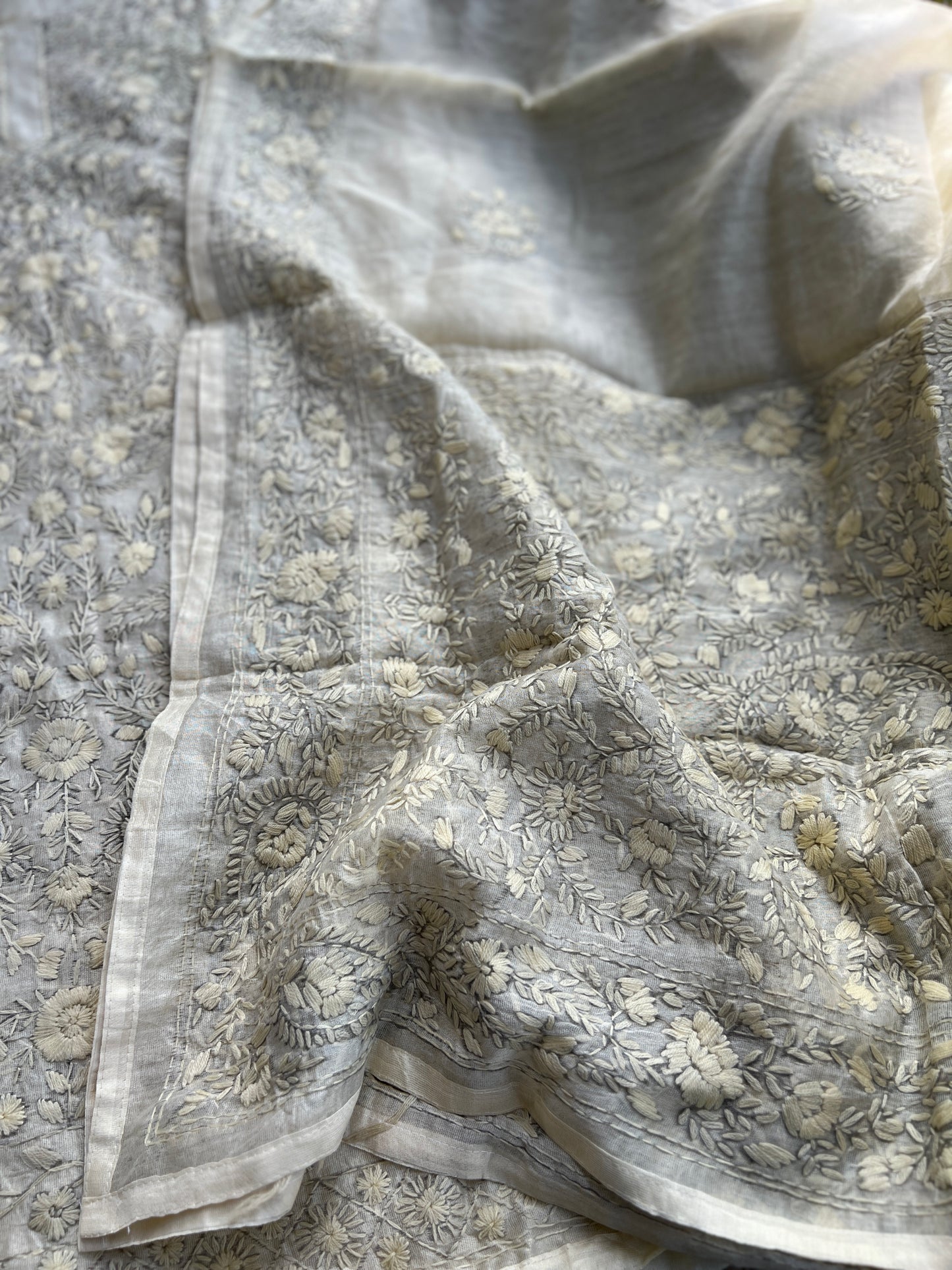 Ivory Tone To Tone  Mal Chanderi Embroidered Suit Set
