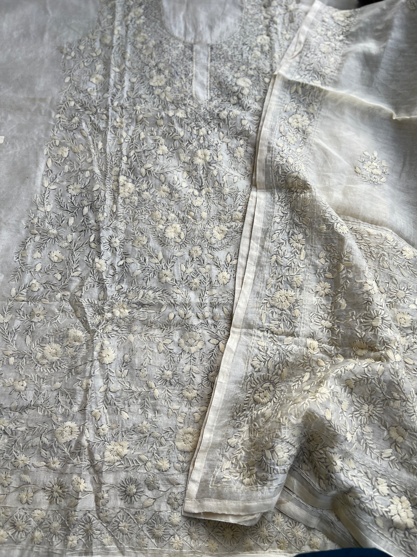 Ivory Tone To Tone  Mal Chanderi Embroidered Suit Set