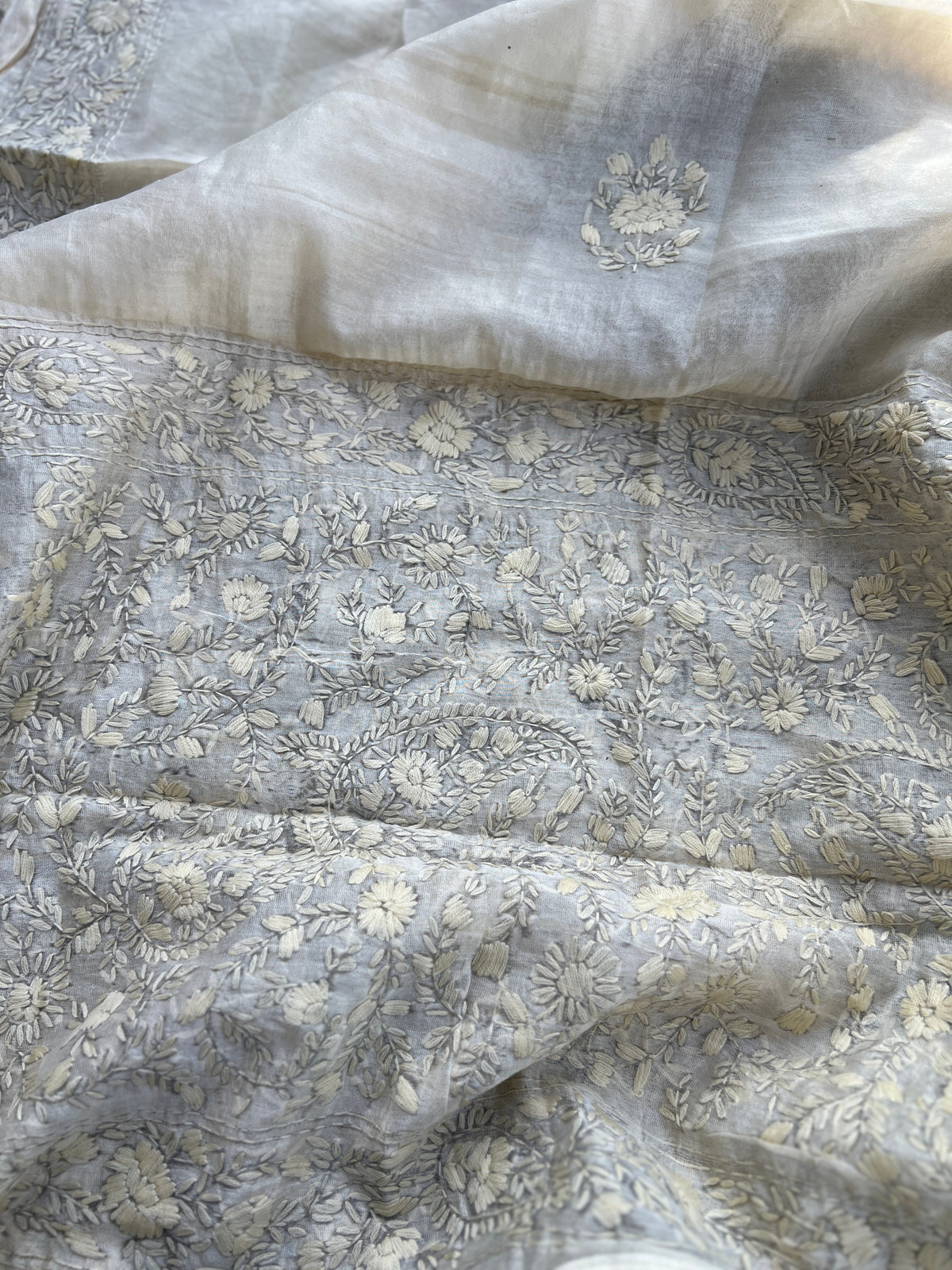 Ivory Tone To Tone  Mal Chanderi Embroidered Suit Set