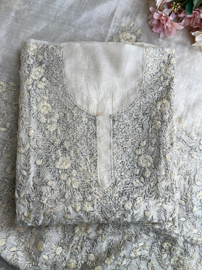 Ivory Tone To Tone  Mal Chanderi Embroidered Suit Set