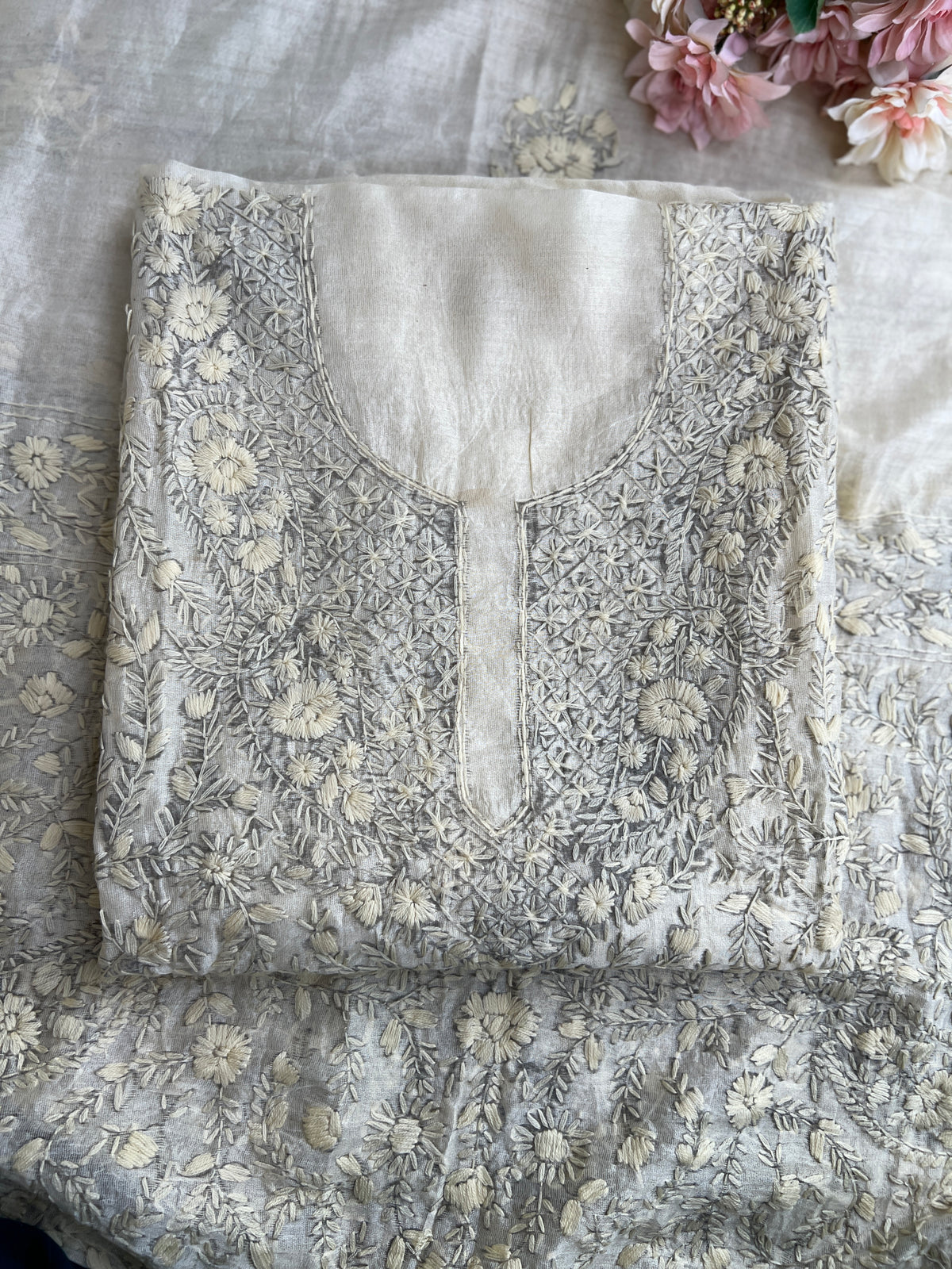 Ivory Tone To Tone  Mal Chanderi Embroidered Suit Set