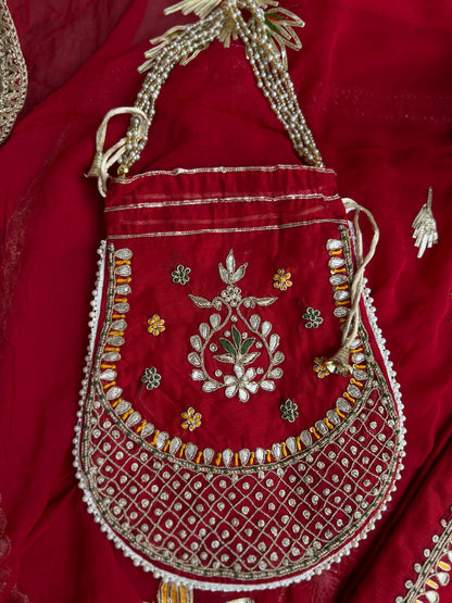 Red Chanderi Gotaphool with Potli