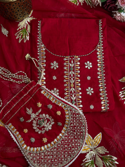 Red Chanderi Gotaphool with Potli