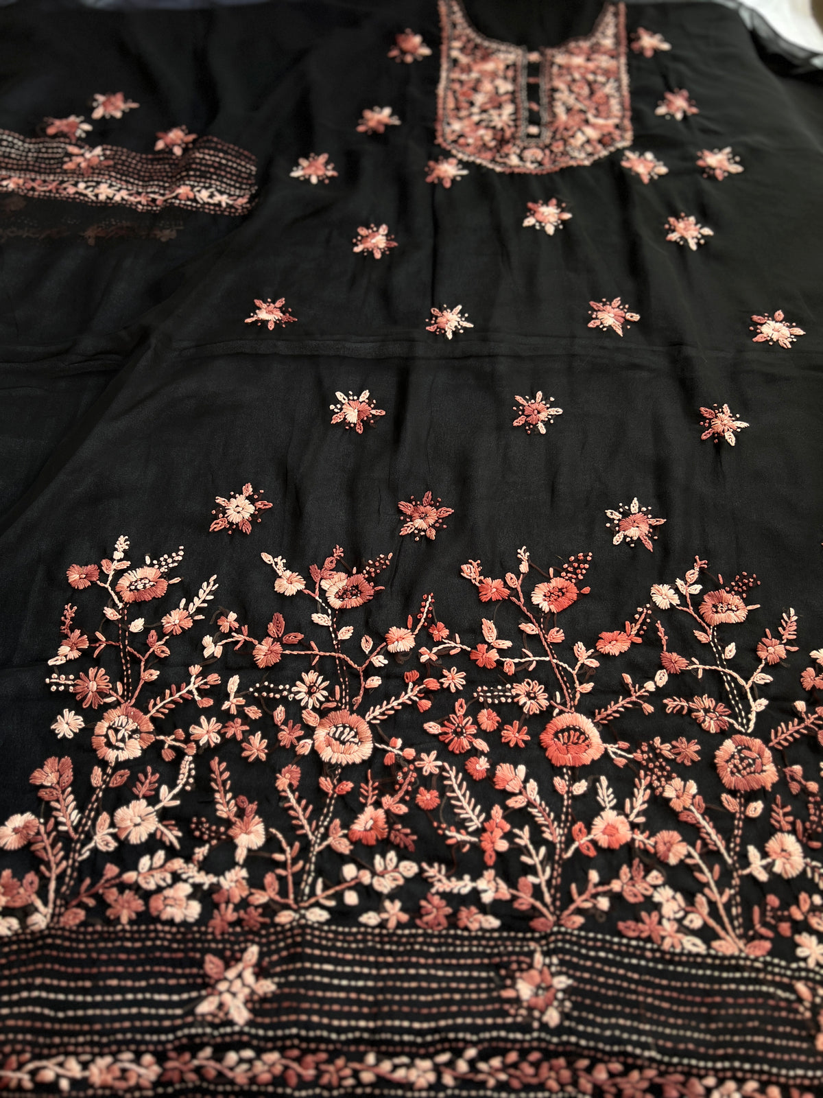 Midnight  Black Bullion-Stitch Embroidered Georgette Suit Set