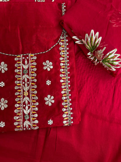 Red Chanderi Gotaphool with Potli