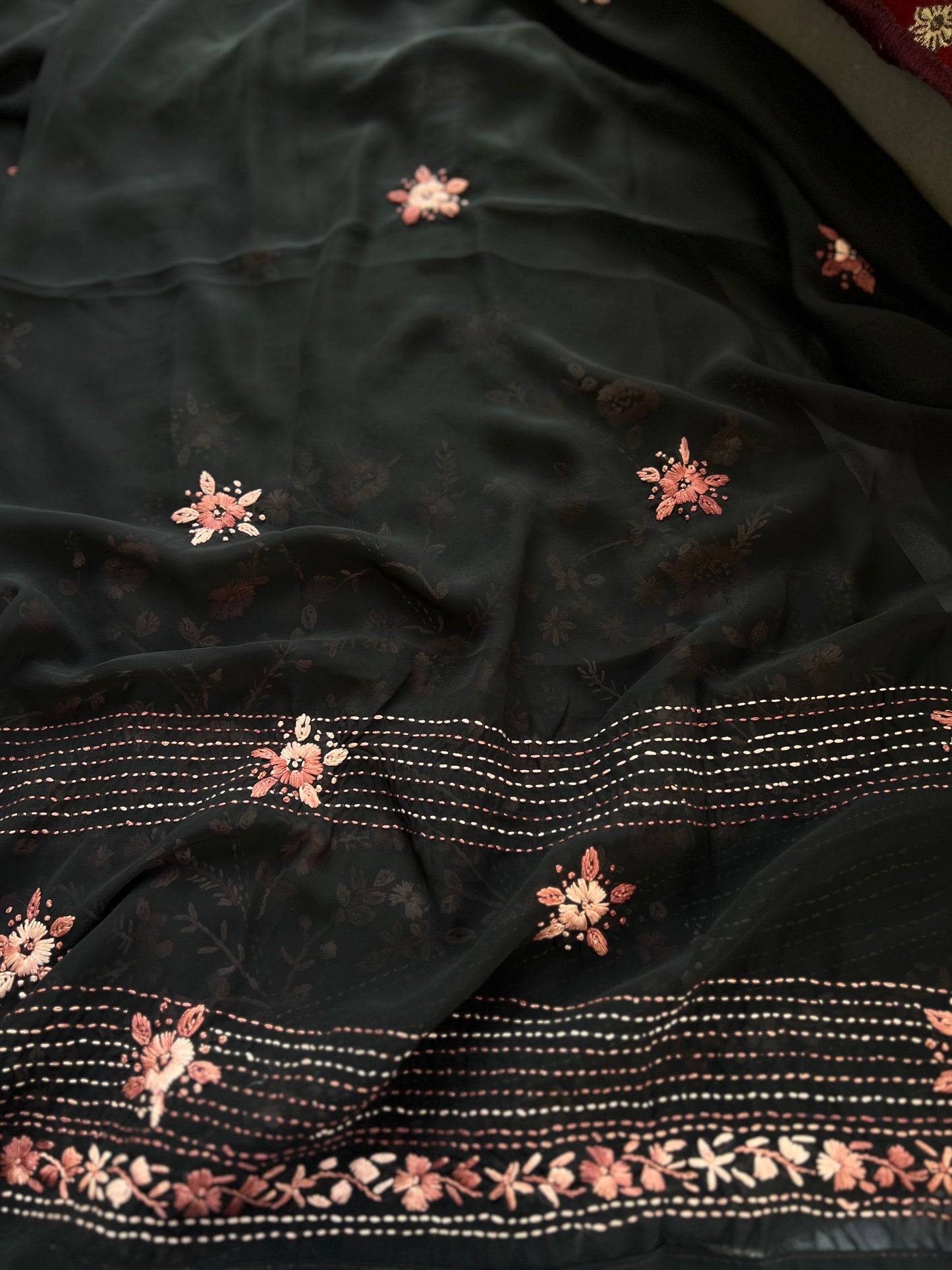 Midnight  Black Bullion-Stitch Embroidered Georgette Suit Set