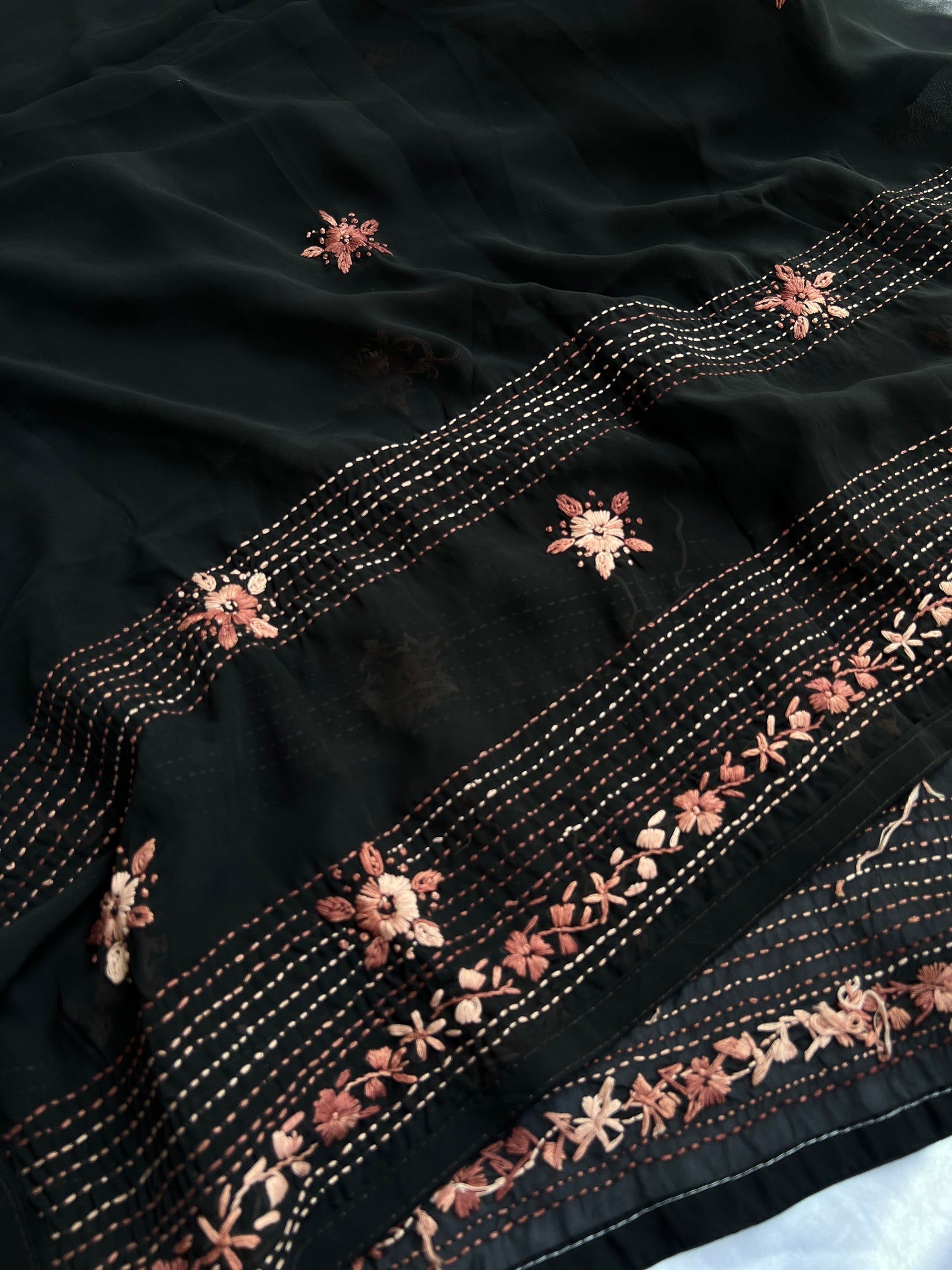 Midnight  Black Bullion-Stitch Embroidered Georgette Suit Set