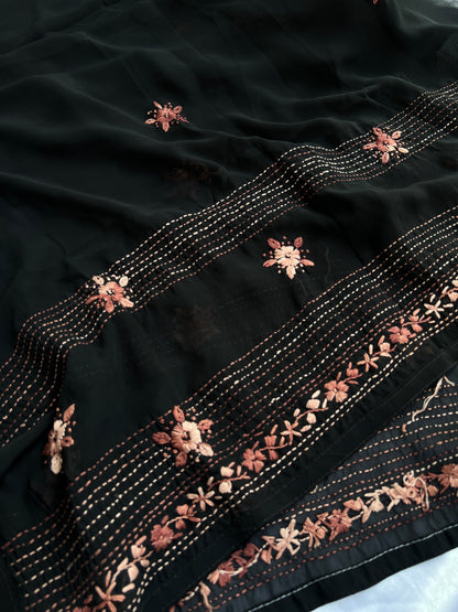 Midnight  Black Bullion-Stitch Embroidered Georgette Suit Set