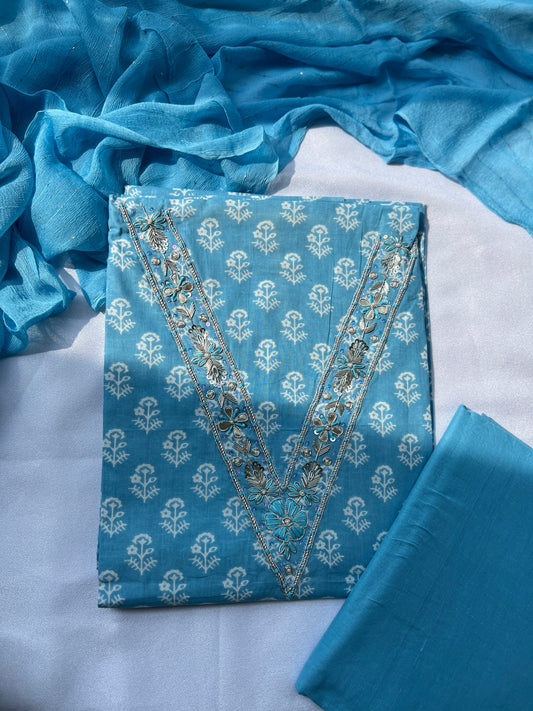 Sky Blue Cotton Suit with Delicate Hand Embroidery & Tassel Dupatta