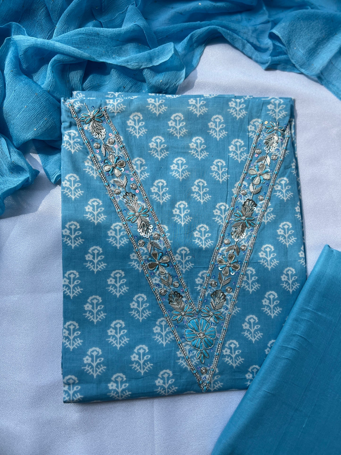 Sky Blue Cotton Suit with Delicate Hand Embroidery & Tassel Dupatta