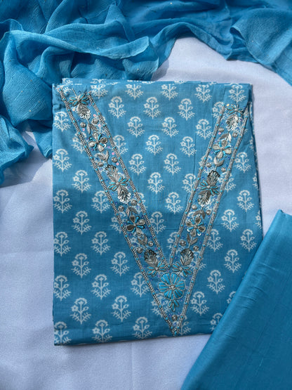 Sky Blue Cotton Suit with Delicate Hand Embroidery & Tassel Dupatta