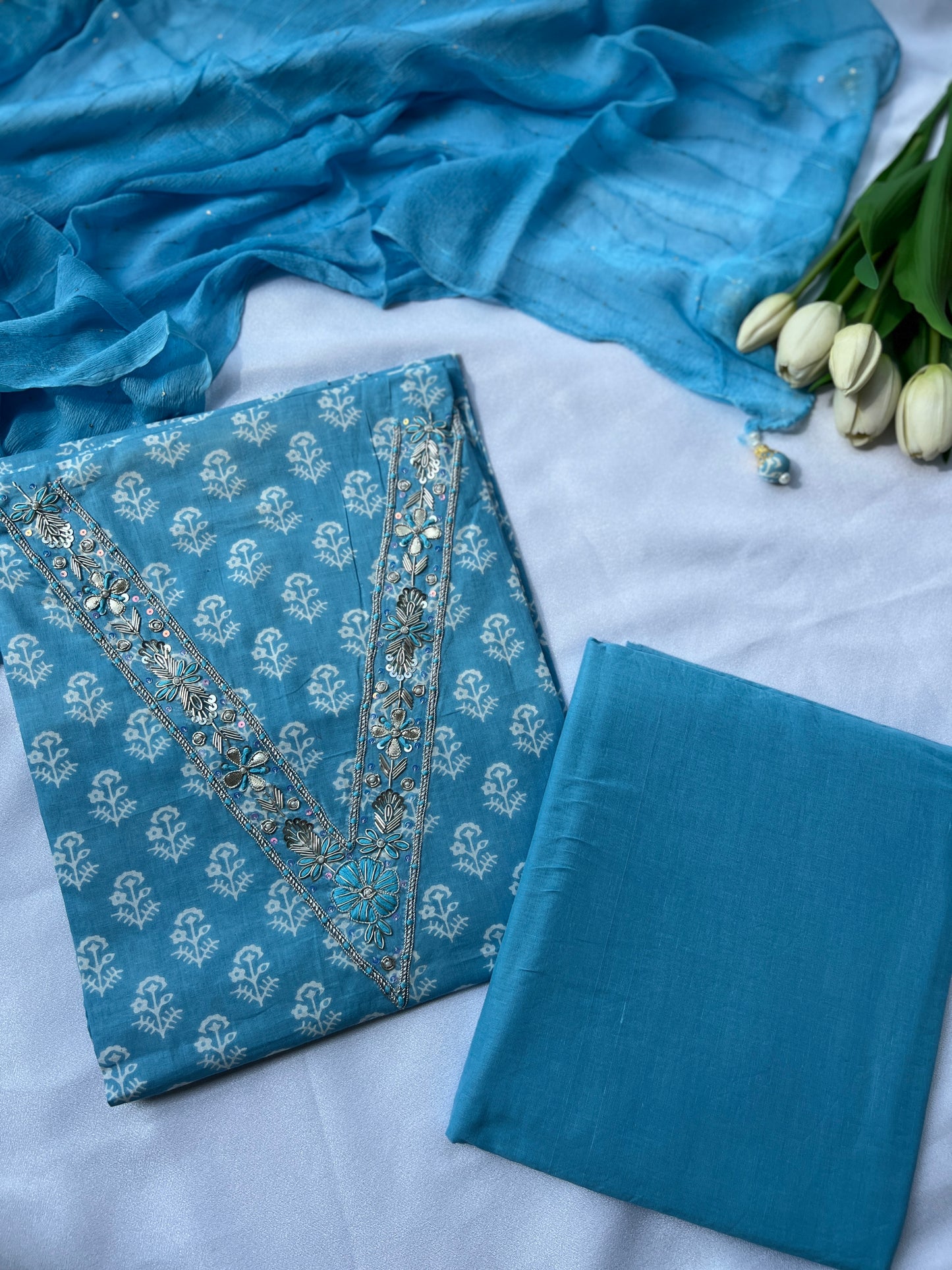 Sky Blue Cotton Suit with Delicate Hand Embroidery & Tassel Dupatta