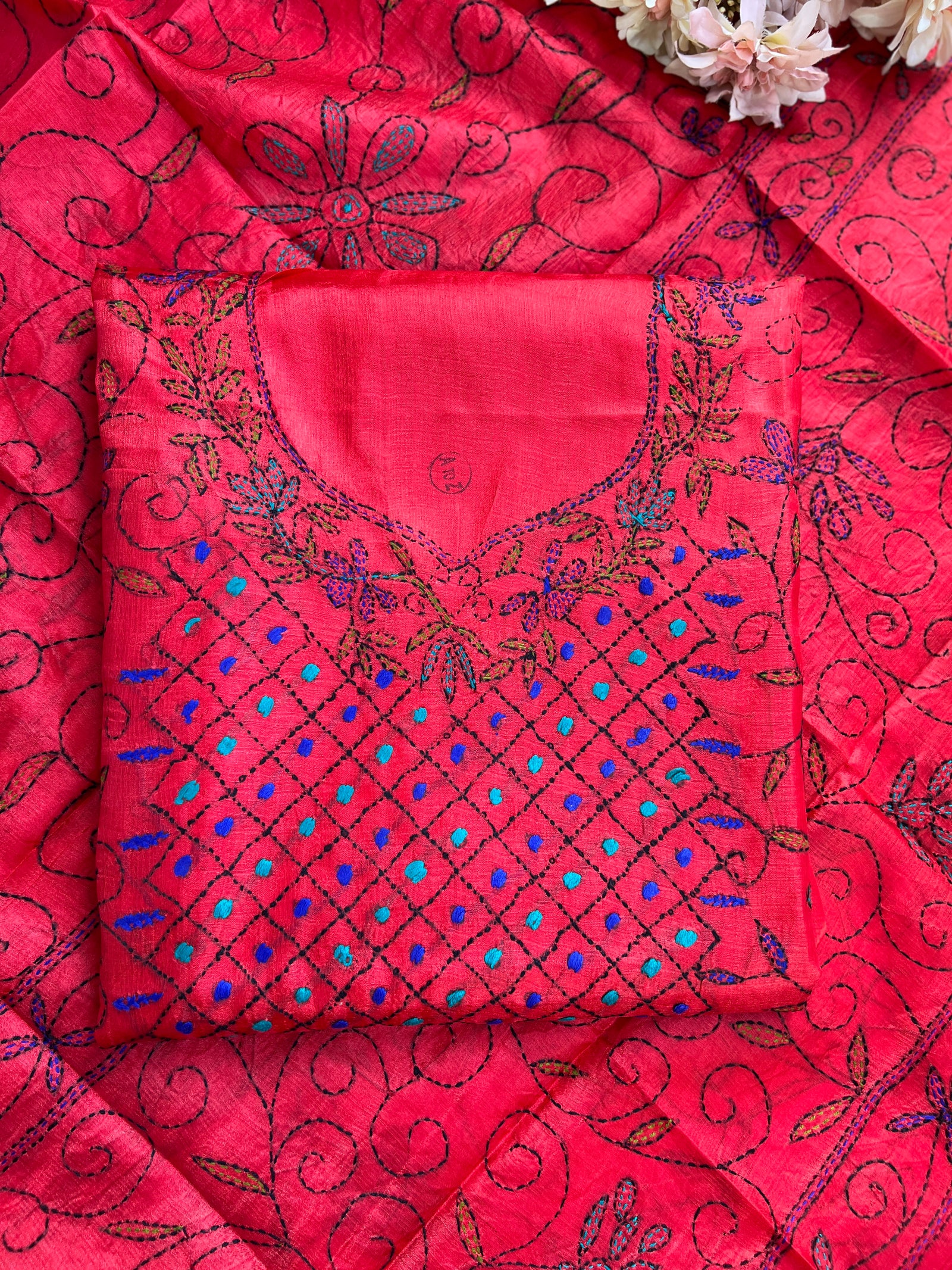 Crimson Bloom Kathiyawadi Hand-Embroidered Suit Set