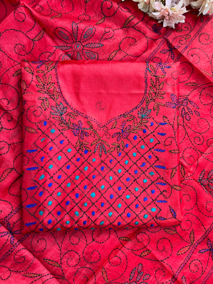 Crimson Bloom Kathiyawadi Hand-Embroidered Suit Set