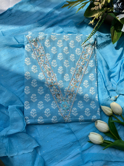 Sky Blue Cotton Suit with Delicate Hand Embroidery & Tassel Dupatta