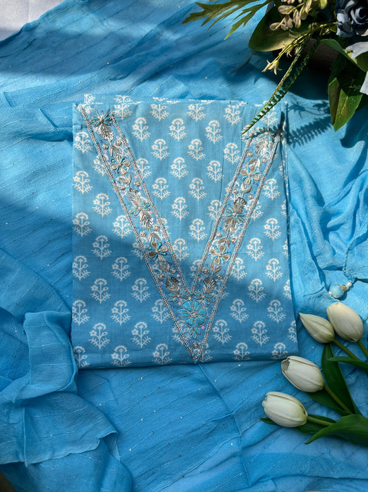 Sky Blue Cotton Suit with Delicate Hand Embroidery & Tassel Dupatta