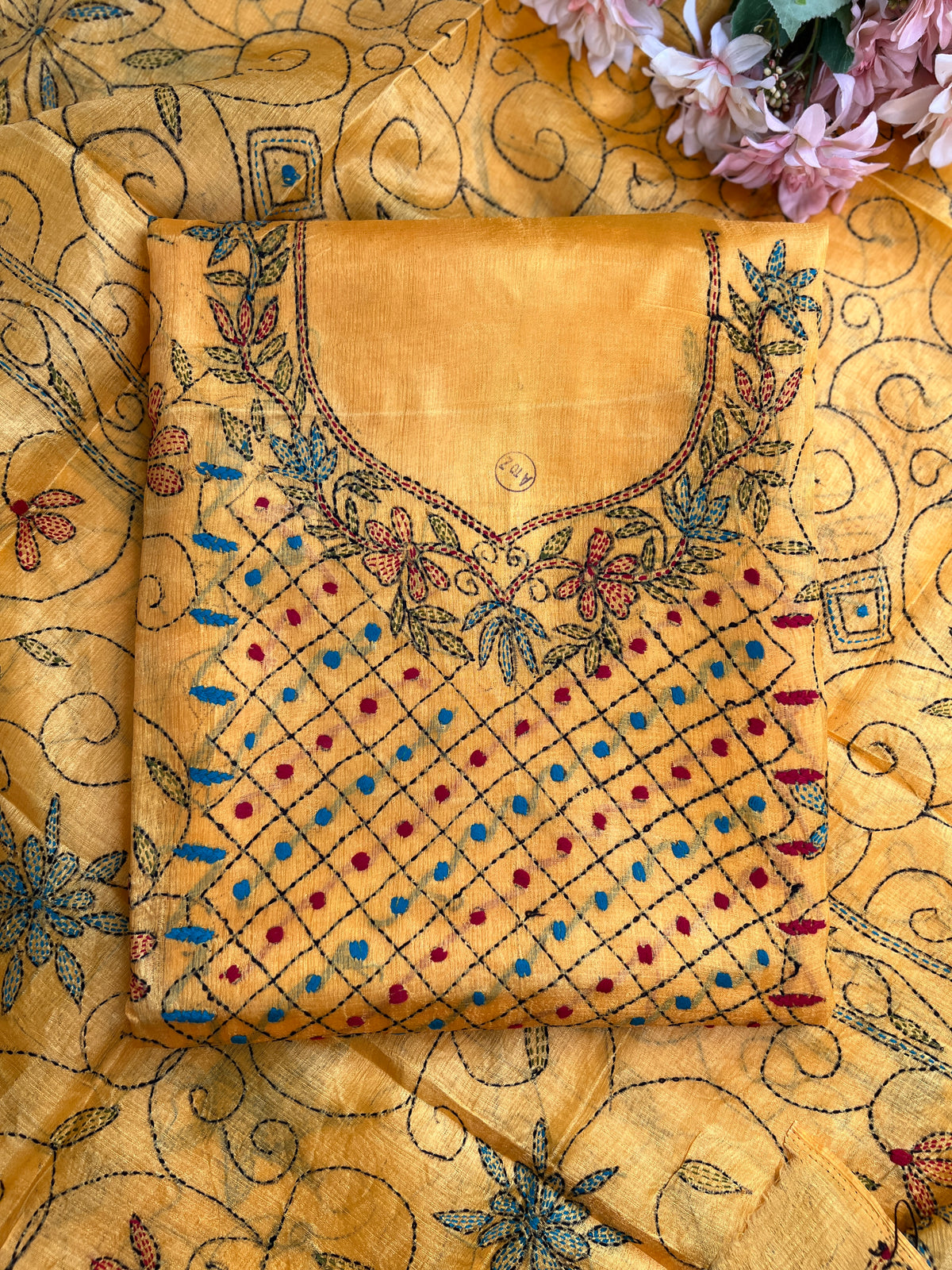 Sunlit Mustard Kathiyawadi Hand-Embroidered Suit Set