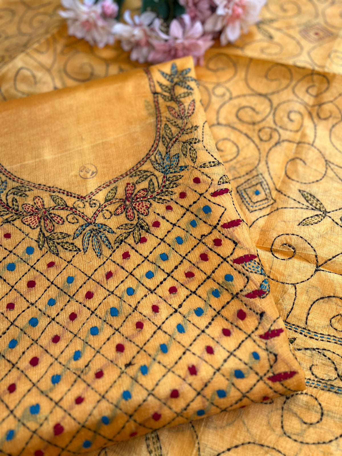 Sunlit Mustard Kathiyawadi Hand-Embroidered Suit Set