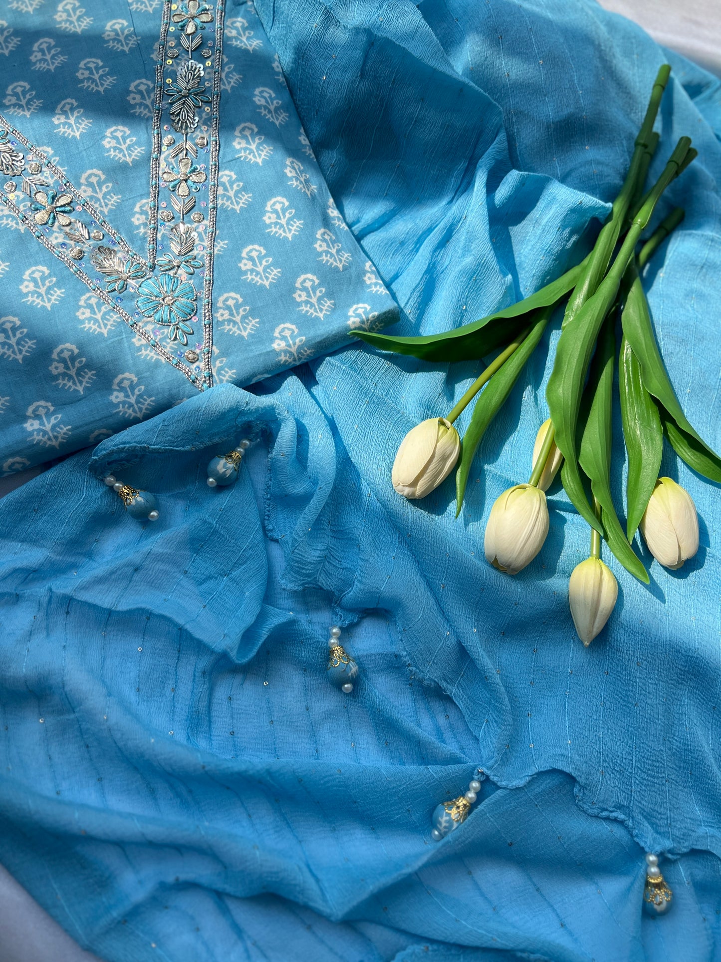 Sky Blue Cotton Suit with Delicate Hand Embroidery & Tassel Dupatta