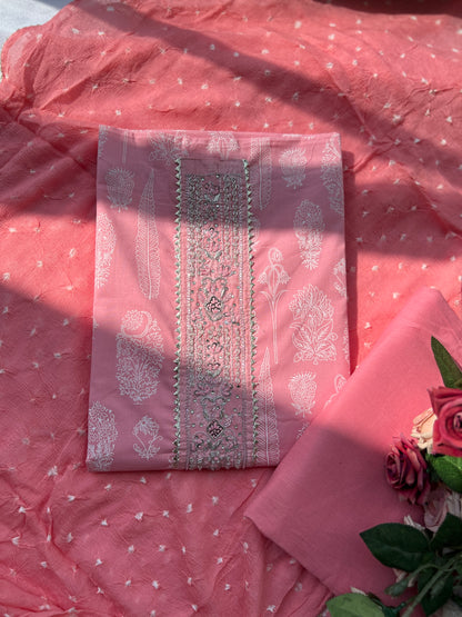 Soft Blush Pink Cotton Suit with Elegant Handwork