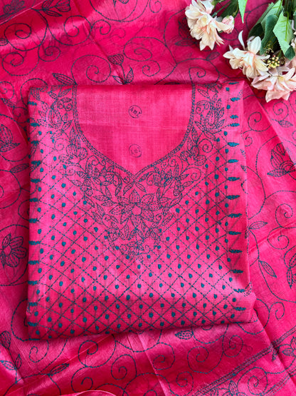 Fuchsia Bloom Kathiyawadi Hand-Embroidered Suit Set