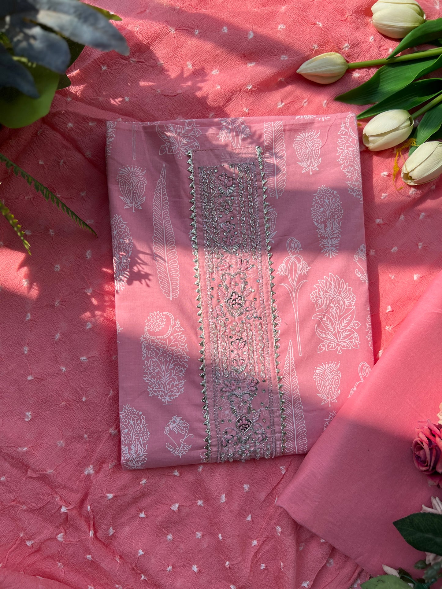 Soft Blush Pink Cotton Suit with Elegant Handwork