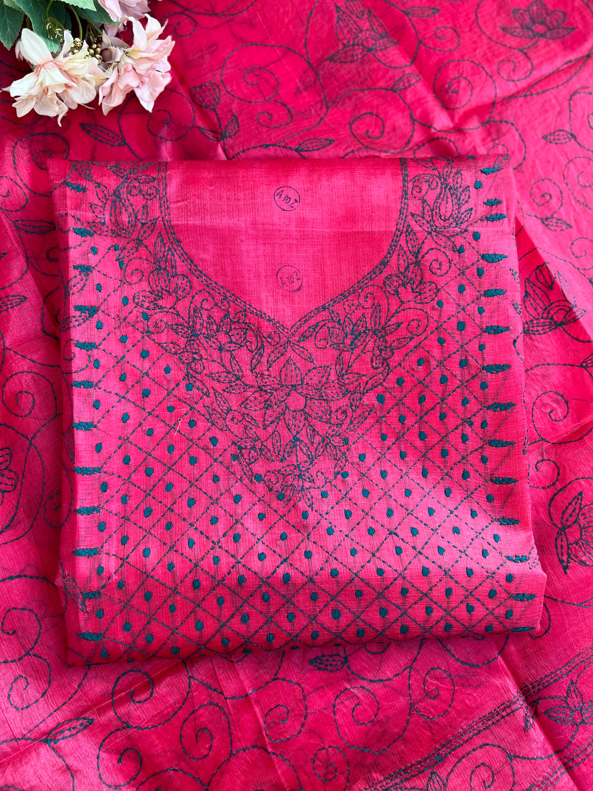 Fuchsia Bloom Kathiyawadi Hand-Embroidered Suit Set