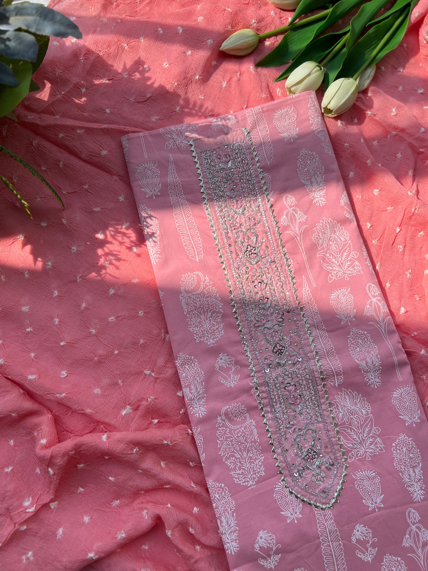 Soft Blush Pink Cotton Suit with Elegant Handwork