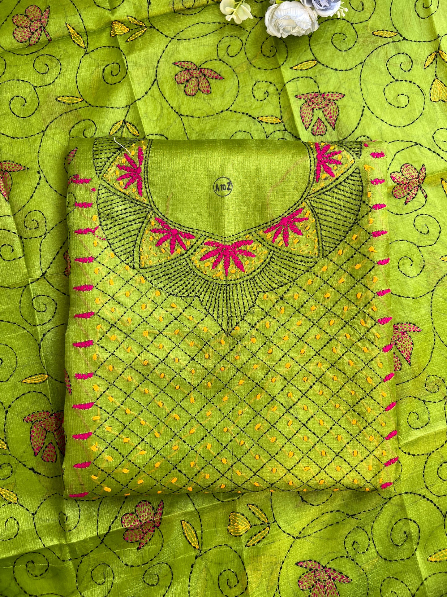 Lime Green Kathiyawadi Embroidered Suit Set